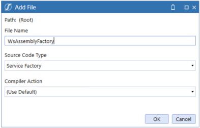 Add File dialog box that features the file name, source code type, and compiler action.